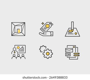 conjunto de ícones vetoriais lineares modernos com ênfase de cor para negócios, análise, gerenciamento de processos e comunicação digital. Curso editável, perfeito para projetos de interface do usuário, aplicativos e apresentação 