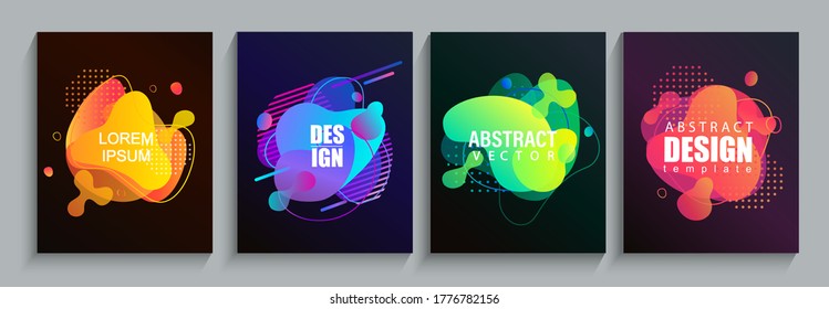 Set of modern liquid abstract geometric shapes on dark background.Fluid gradient dynamic elements for banner,logo,social post.Template for your design,flyer or presentation,poster.Vector illustration.