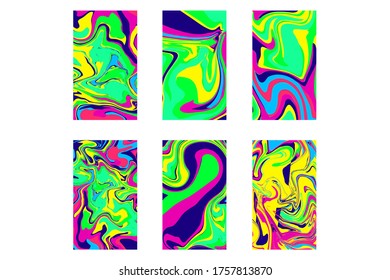 Conjunto de lienzos modernos de mármol líquido multicolor. textura abstracta del vector de fondo de escritorio para el teléfono móvil.