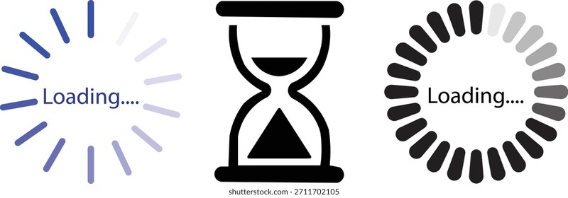 Conjunto de iconos de carga modernos con animaciones de progreso circular y símbolo de reloj de arena, elegantes indicadores digitales de espera y amortiguación