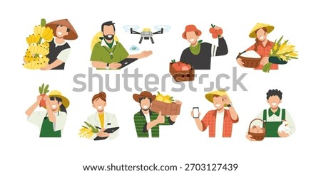 Set of modern local farmer, including poultry farmers, agricultural researchers, a tech-savvy farmer with smartphone and drone. Flat characters in diverse agricultural roles cartoon illustration 