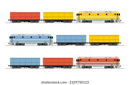 Set of modern locomotives. Colorful trains on railroad. Transportation of goods, import and export. Transport and logistic. Cartoon flat vector collection isolated on white background