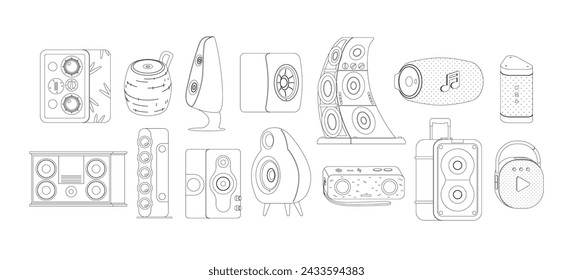 Conjunto De Iconos Vectoriales De Contorno De Altavoces Modernos. Diseños Elegantes Y Minimalistas Que Muestran Varios Tipos De Altavoces