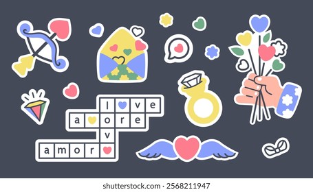 Set of modern love stickers. Valentine's Day label. Hand drawn Doodle Valentine elements. Human hand holding flowers. Romantic message, Crossword puzzle, ring, cupid arrow, hearts. Vector illustration