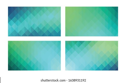 Set of modern low poly abstract background vectors. Peacock aqua blue, mint green, teal bright colors texture designs.