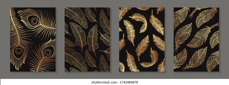 Set of modern luxury black backgrounds for business or presentation or greeting cards with golden feathers.