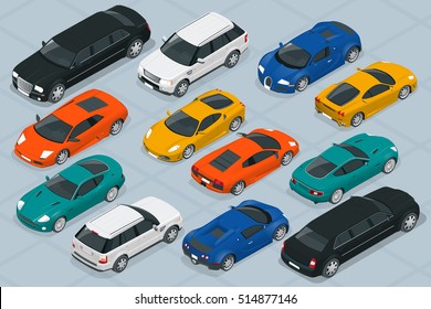 Set of Modern luxury cars icons. Vector Flat 3d isometric high quality city transport icon set. 