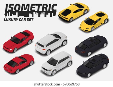 Set of Modern luxury cars. Vector isometric high quality city transport icon set.