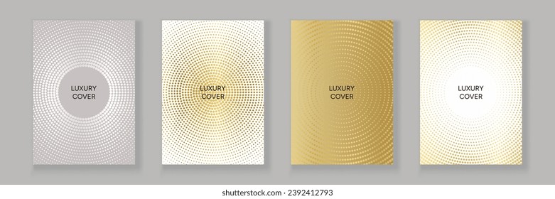 Set of modern luxury cover template with gold and silver halftone dot pattern. Trendy vector collection for cover design, brochure, catalog, menu. Easy to edit with mask use.