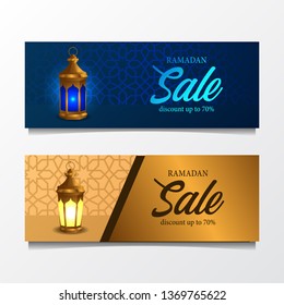 Set of modern luxury islamic sale offer banner with lantern lamp and blue and gold color. ramadan mubarak, kareem, eid, adha, fitr, Vector illustration