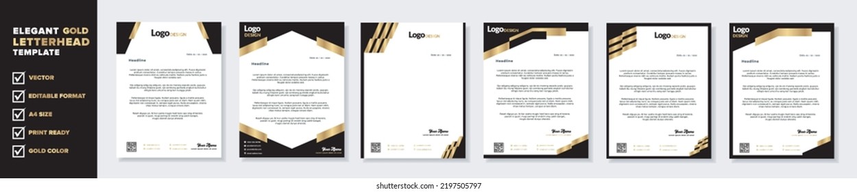 Set Of Modern Luxury Letterhead Template For Stationery Design All Business Corporate Company. Vector Format Editable A4. Golden Color For Download.