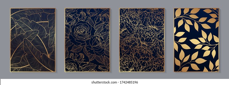 Set of modern luxury navy blue backgrounds for business or presentation or greeting cards with golden flowers, feathers and leaves.