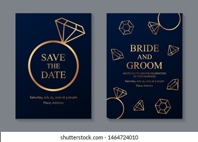 Set of modern luxury wedding invitation design or greeting card templates with golden rings, gems, diamonds, jewel on a navy blue background.