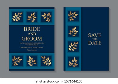 Set of modern luxury wedding invitation design or card templates for business or presentation or greeting with golden leaves and branches on a navy blue background.