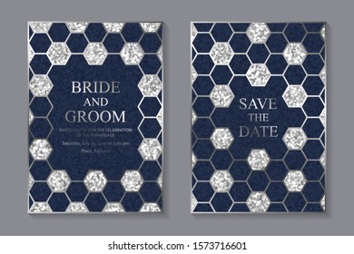 Set of modern luxury wedding invitation design or card templates for business or presentation or greeting with silver glitter and navy blue hexagond.