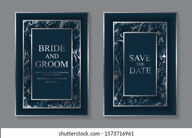 Set of modern luxury wedding invitation design or card templates for business or presentation or greeting with silver marble texture on a navy blue background.