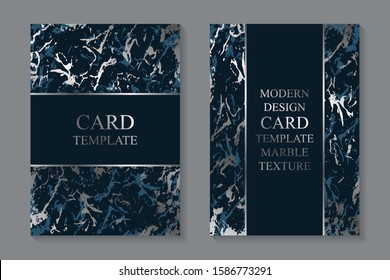 Set of modern luxury wedding invitation design or card templates for business or presentation or greeting with silver marble texture on a navy blue background.