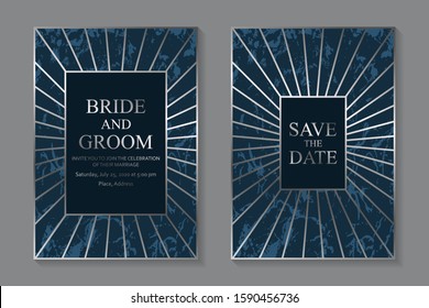 Set of modern luxury wedding invitation design or card templates for business or presentation or greeting with silver lines on a navy blue marble background.