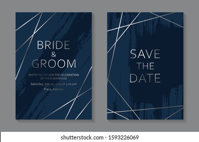 Set Of Modern Luxury Wedding Invitation Design Or Card Templates For Business Or Presentation Or Greeting With Silver Lines And Paint Brush Strokes On A Navy Blue Background.