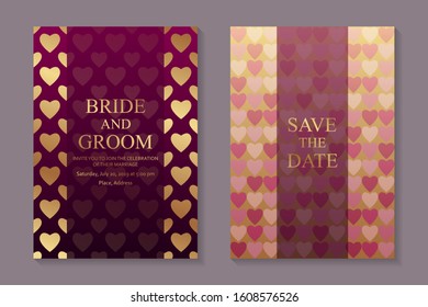 Set of modern luxury wedding invitation design or valentine's card templates for business or presentation or greeting with golden hearts on a pink background.