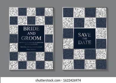 Set of modern luxury wedding invitation design or card templates for business or presentation or greeting with silver lines and navy blue squares on a glitter background.