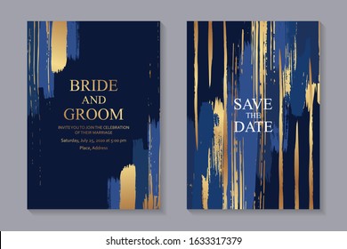 Set Of Modern Luxury Wedding Invitation Design Or Card Templates For Business Or Presentation Or Greeting With Grunge And Blue Golden Paint Brush Strokes On A Navy Background.