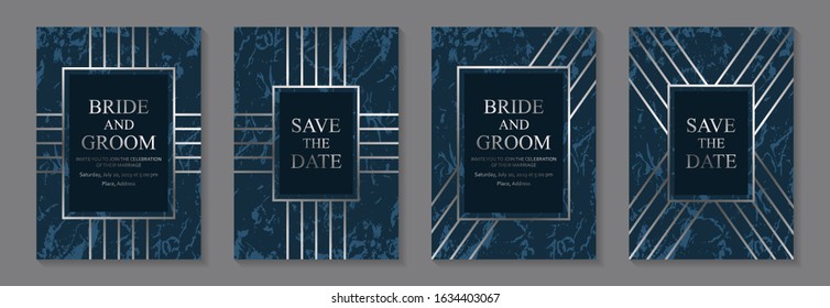 Set of modern luxury wedding invitation design or card templates for business or presentation or greeting with silver lines on a navy blue marble textured background.