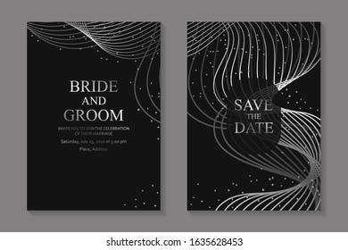 Set Of Modern Luxury Wedding Invitation Design Or Card Templates For Business Or Poster Or Greeting With Silver Waves On A Black Background.