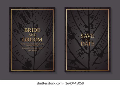 Set of modern luxury wedding invitation design or card templates for business or presentation or greeting with golden frames and leaf prints on a gray background.