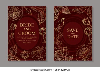 Set of modern luxury wedding invitation design or card templates for business or poster or greeting with golden roses and red paint brush strokes.