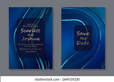 Set of modern luxury wedding invitation design or card templates for business or presentation or greeting with golden text on a blue liquid marble background.