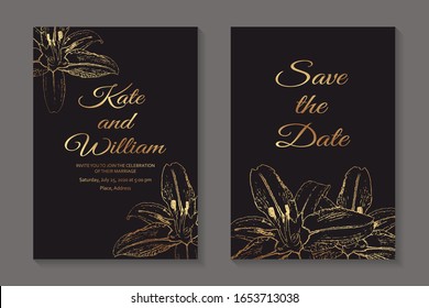 Set of modern luxury wedding invitation design or card templates for business or presentation or greeting with golden flowers on a black background.