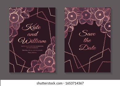 Set of modern luxury wedding invitation design or card templates for business or presentation or greeting with rose gold flowers and frames on a dark pink background.