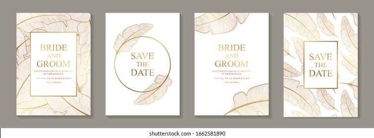 Set of modern luxury wedding invitation design or card templates for business or presentation or greeting with golden feathers on a white background.