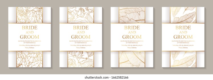 Set of modern luxury wedding invitation design or card templates for business or presentation or greeting with golden feathers and flowers on a white background.