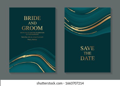 Set of modern luxury wedding invitation design or card templates for business or presentation or greeting with liquid marble texture and golden streaks on a green background.