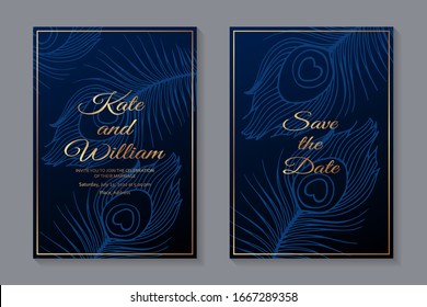 Set of modern luxury wedding invitation design or card templates for business or presentation or greeting with golden text and frames and peacock feathers on a navy blue background.