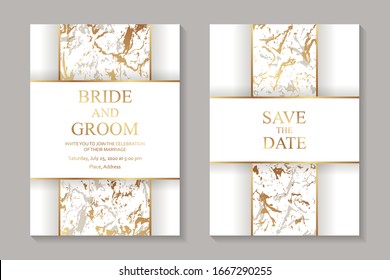 Set of modern luxury wedding invitation design or card templates for business or presentation or greeting with golden marble texture on a white background.