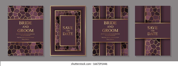 Set of modern luxury wedding invitation design or card templates for business or presentation or greeting with golden lines and mosaic on a pink background.