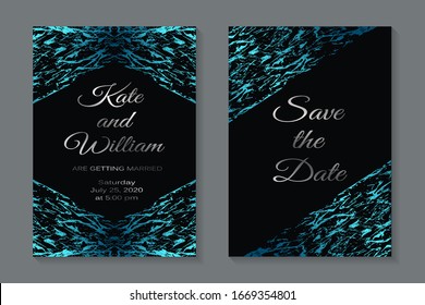 Set of modern luxury wedding invitation design or card templates for business or presentation or greeting with silver text and blue marble texture on a black background.
