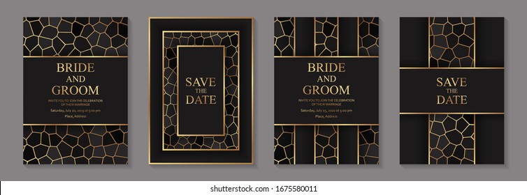 Set of modern luxury wedding invitation design or card templates for business or poster or greeting with golden mosaic stripes on a black background.