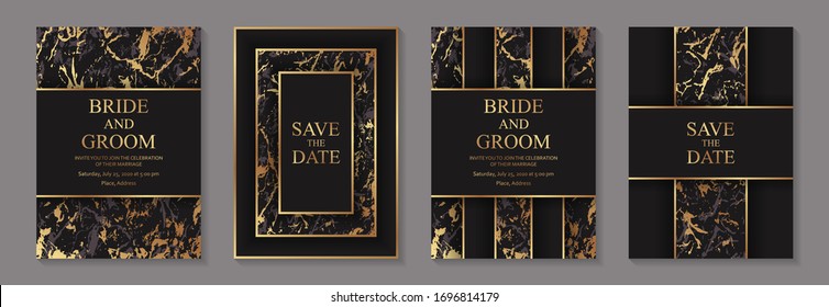 Set of modern luxury wedding invitation design or card templates for business or poster or greeting with golden marble stripes on a black background.