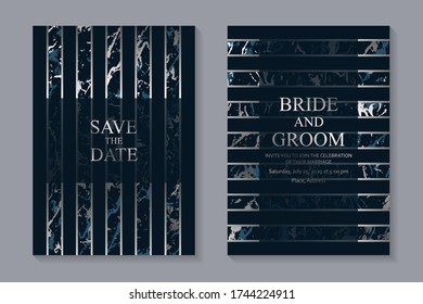 Set of modern luxury wedding invitation design or card templates for business or presentation or greeting with silver lines and marble stripes on a navy blue background.