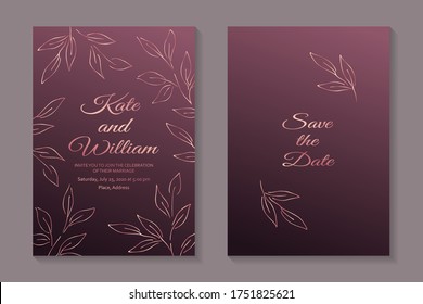 Set of modern luxury wedding invitation design or card templates for business or presentation or 
greeting with rose gold leaves on a pink background.