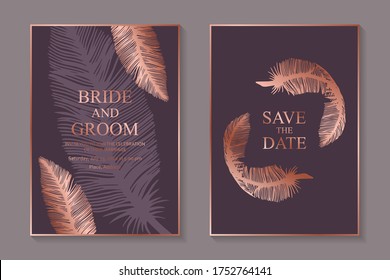 Set of modern luxury wedding invitation design or card templates for business or presentation or greeting with rose gold feathers on a purple background.