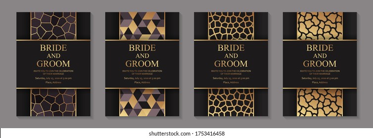 Set of modern luxury wedding invitation design or card templates for business or presentation or greeting with golden mosaics on a black background.