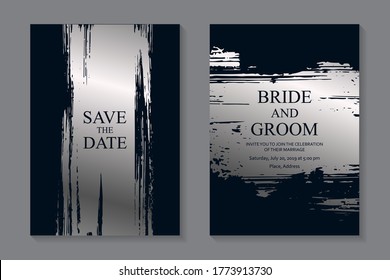 Set of modern luxury wedding invitation design or card templates for business or presentation or greeting with silver paint brush strokes on a navy blue background.