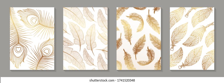 Set of modern luxury white backgrounds for business or presentation or greeting cards with golden feathers.