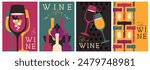 Set of modern magazine covers or posters with wine bottles and glasses. Restaurant menu design. Vector illustration