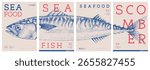 Set of modern magazine covers or posters with scomber fish. Restaurant seafood menu design. Vector illustration